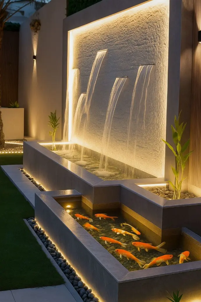 Water fountain with cascade and night LED lighting